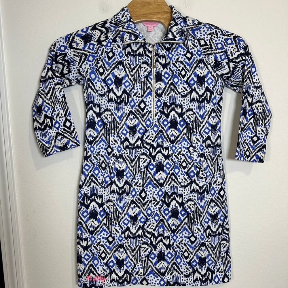 Lilly Pulitzer Ikat Print Quarter Zip Dress Blue White Geometric‎ Pattern Size S